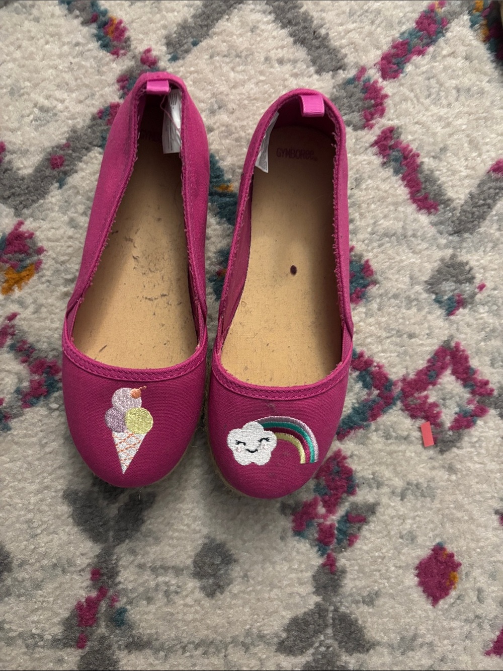 Gymboree Bright Pink Slip-On Flats with Rainbow & Ice Cream Embroidery